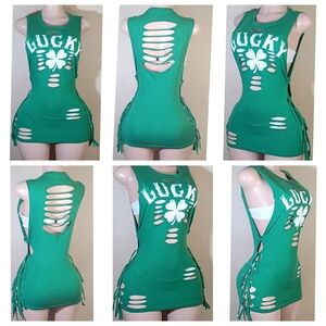 Lucky Clover Custom Green Fringe Cutout Tank Top